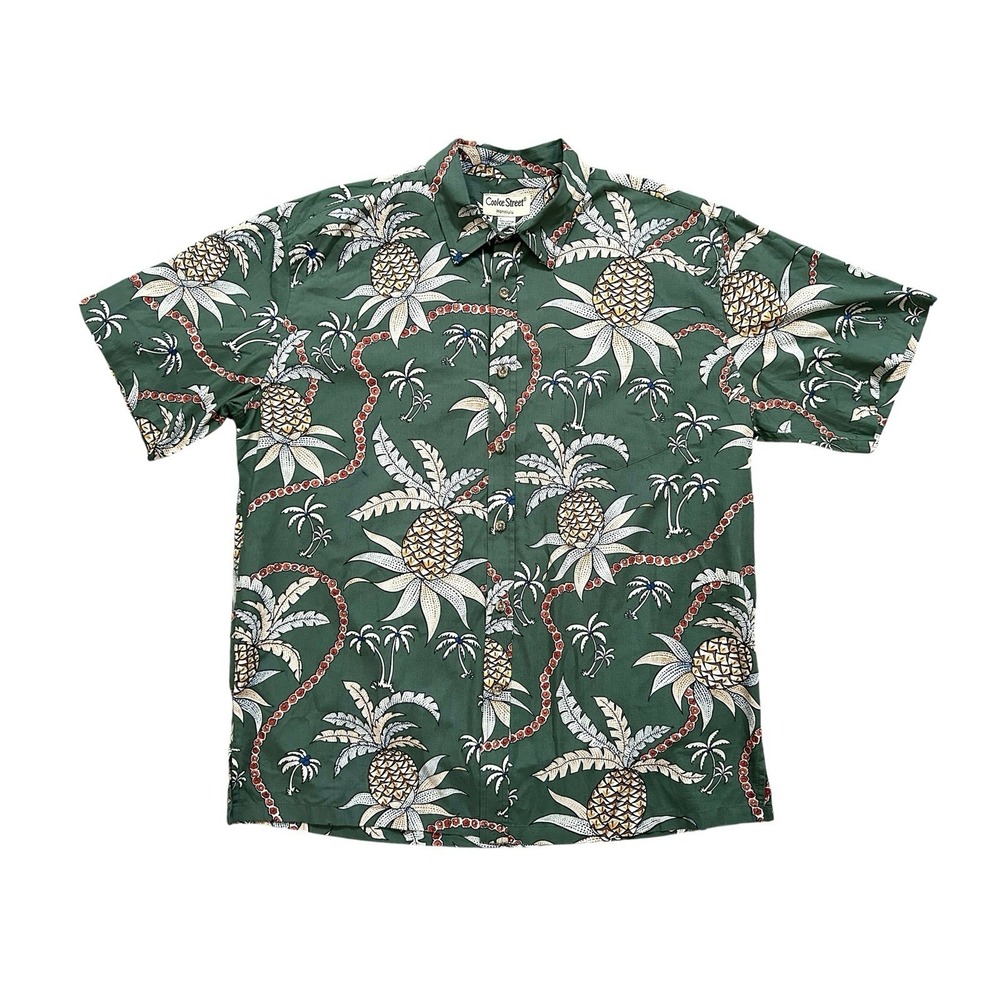 Cooke Street Hawaiian Shirt Men's  XL Green Pineapples Floral‎ Lei Chains Cotton